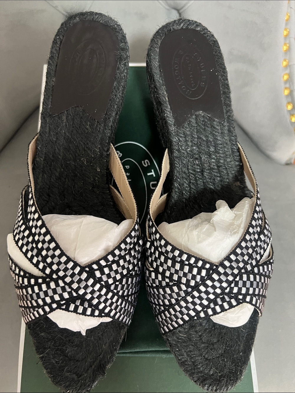 Stuart Weitzman Black Woven Espadrille Wedge Sandals with Checkerboard Straps